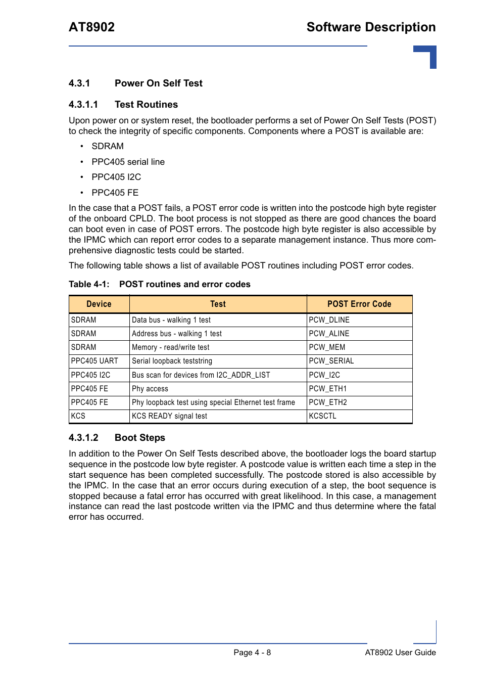 1 power on self test, Power on self test - 8, 1 test routines - 8 4.3.1.2 boot steps - 8 | Post routines and error codes - 8, At8902 software description | Kontron AT8902 User Manual | Page 75 / 94