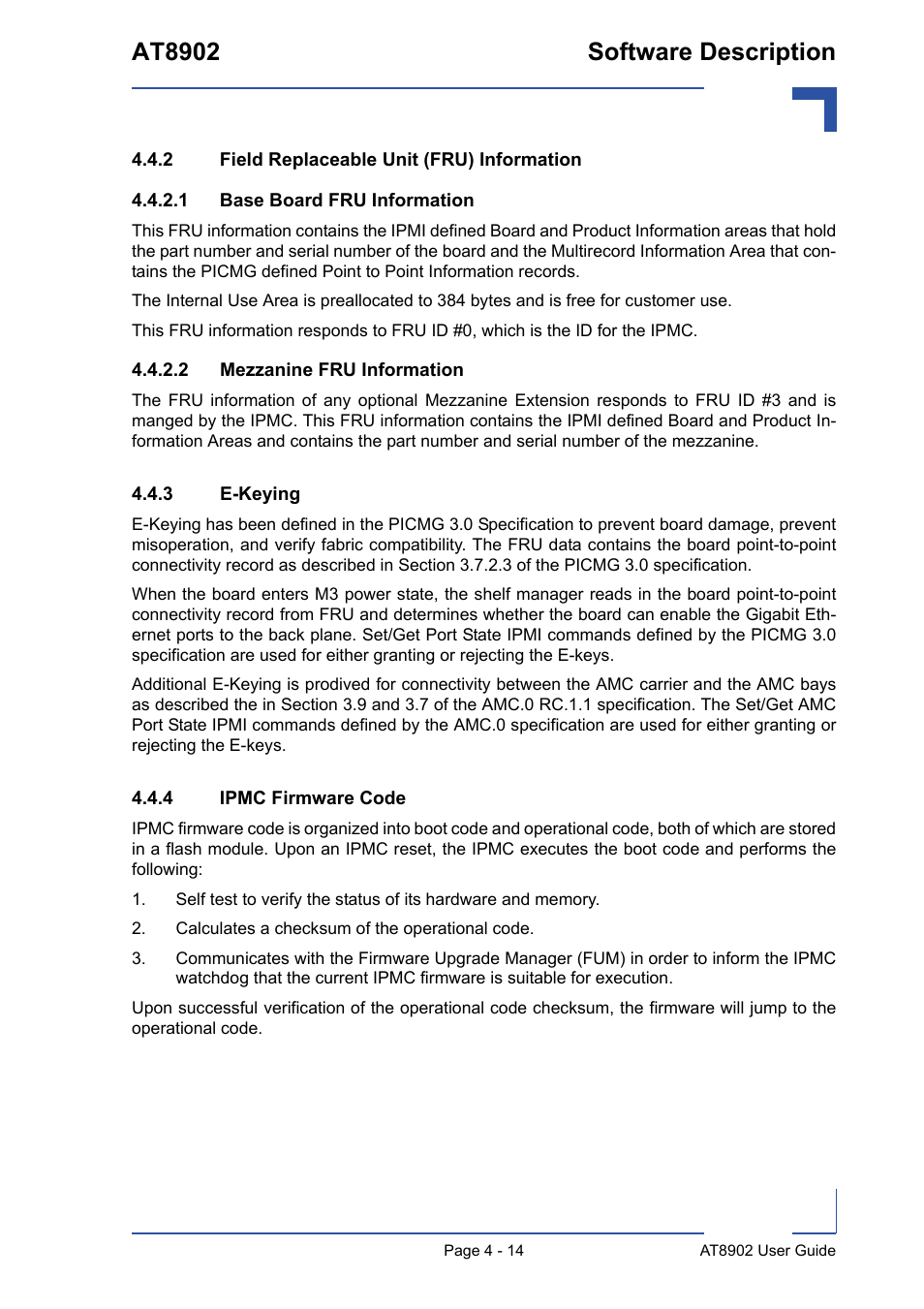 2 field replaceable unit (fru) information, 3 e-keying, 4 ipmc firmware code | 2 . calculates a checksum of the operational code, Field replaceable unit (fru) information - 14, E-keying - 14, Ipmc firmware code - 14, At8902 software description | Kontron AT8902 User Manual | Page 81 / 94