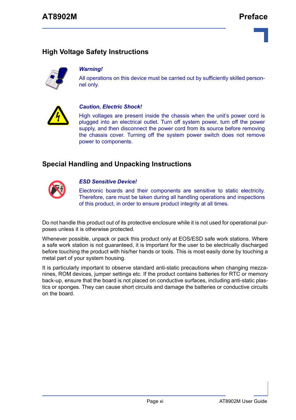 High voltage safety instructions, Special handling and unpacking instructions, At8902m preface | Kontron AT8902M User Manual | Page 11 / 92
