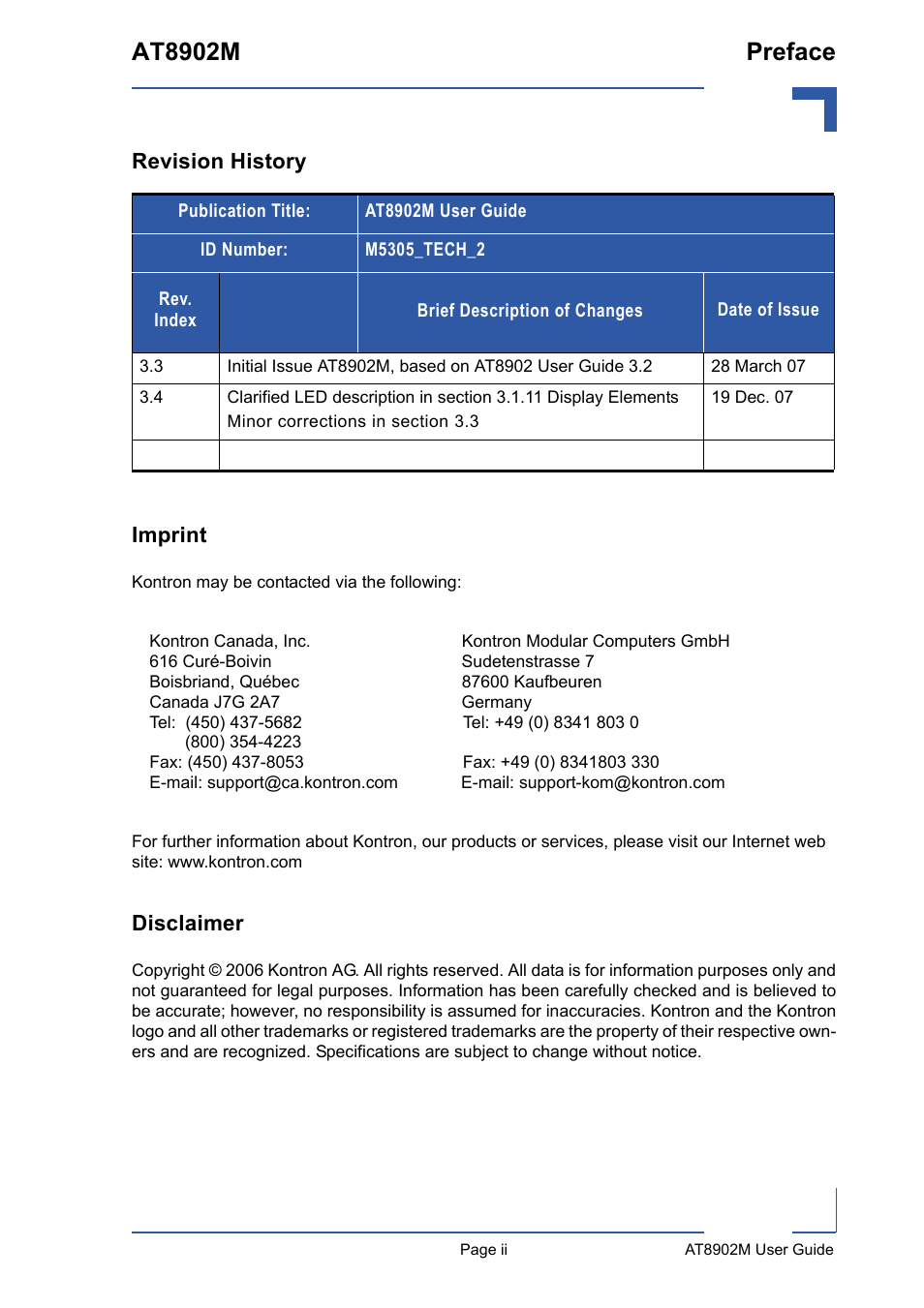 Revision history, Imprint, Disclaimer | At8902m preface, Revision history imprint | Kontron AT8902M User Manual | Page 2 / 92