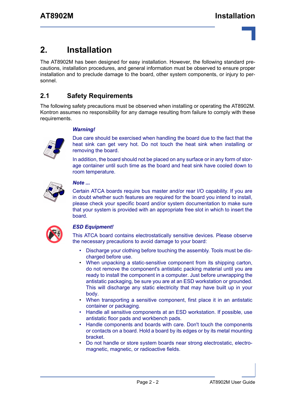 Installation, 1 safety requirements, Installation - 2 | 1 safety requirements - 2, At8902m installation | Kontron AT8902M User Manual | Page 29 / 92