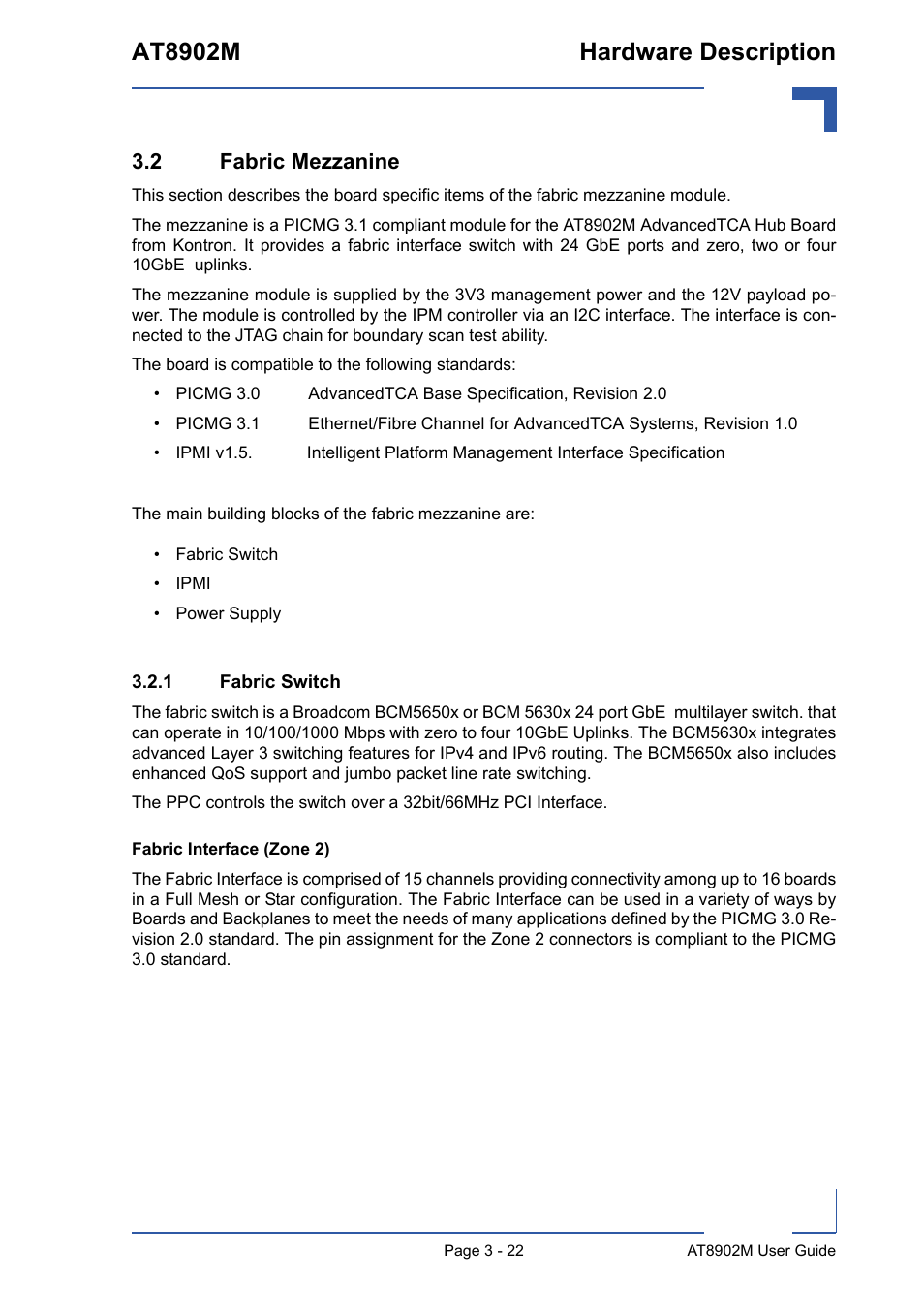 2 fabric mezzanine, 1 fabric switch, 2 fabric mezzanine - 22 | Fabric switch - 22, At8902m hardware description | Kontron AT8902M User Manual | Page 55 / 92