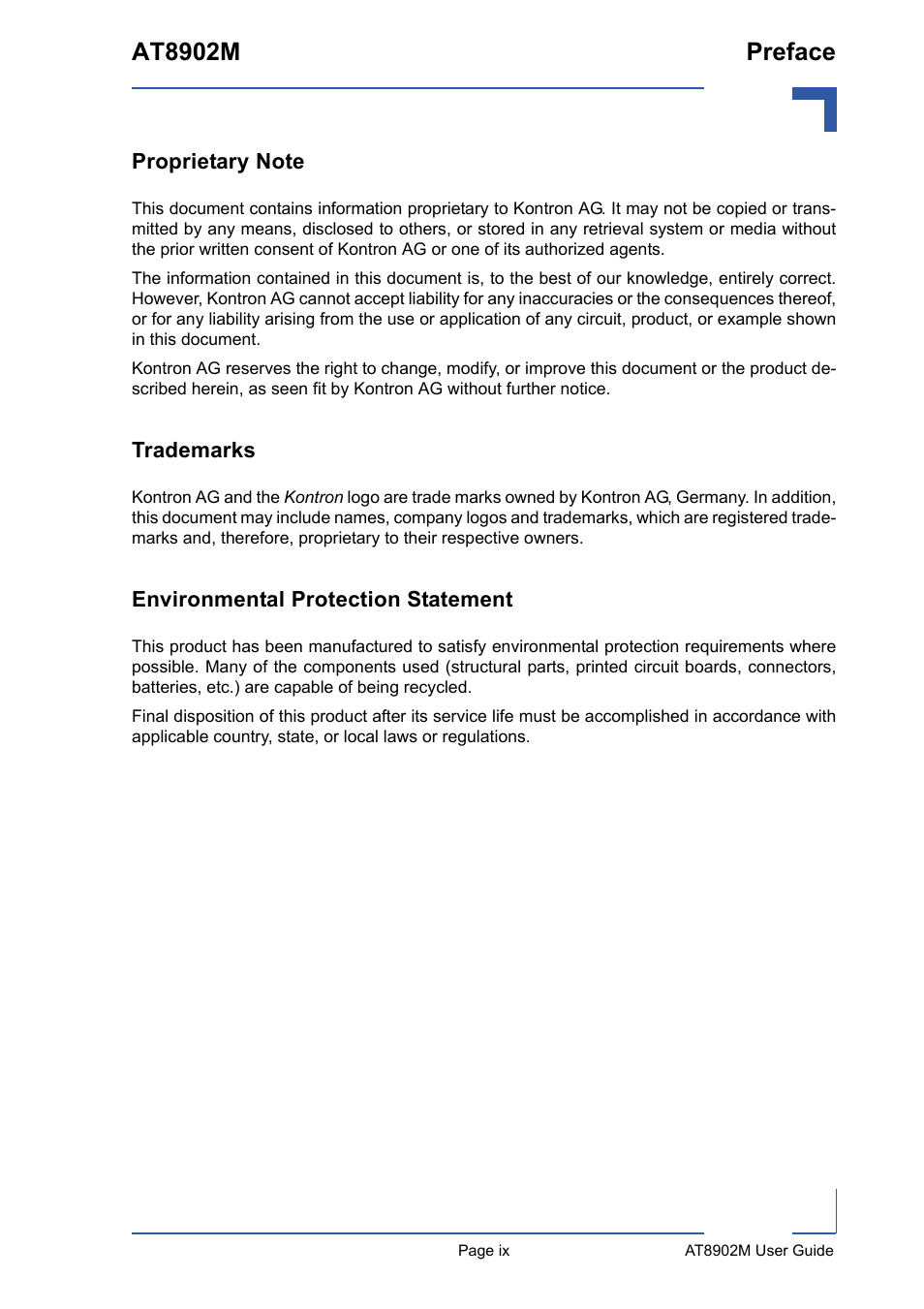 Proprietary note, Trademarks, Environmental protection statement | At8902m preface | Kontron AT8902M User Manual | Page 9 / 92