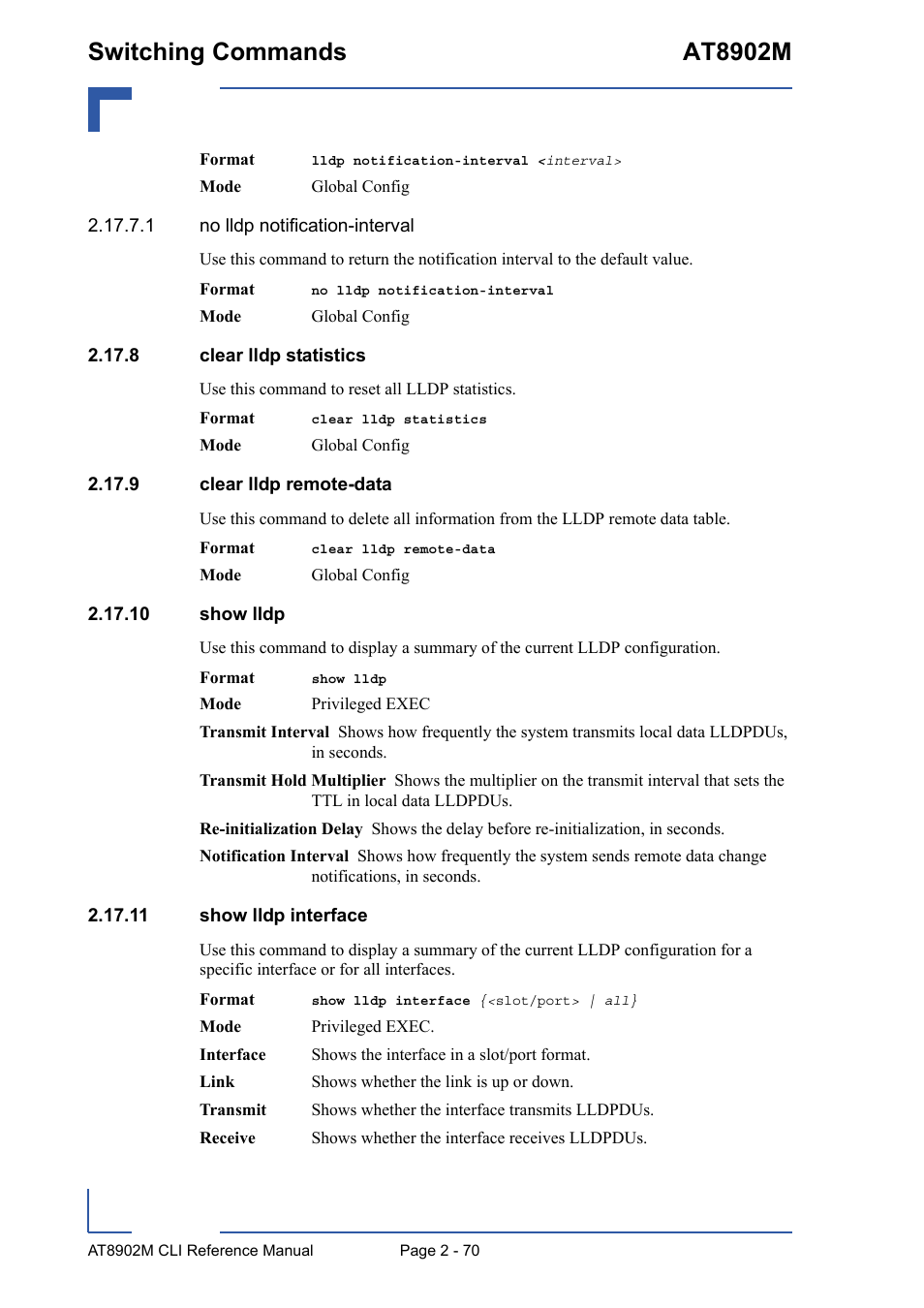 8 clear lldp statistics, 9 clear lldp remote-data, 10 show lldp | 11 show lldp interface, Switching commands at8902m | Kontron AT8902M CLI User Manual | Page 106 / 315