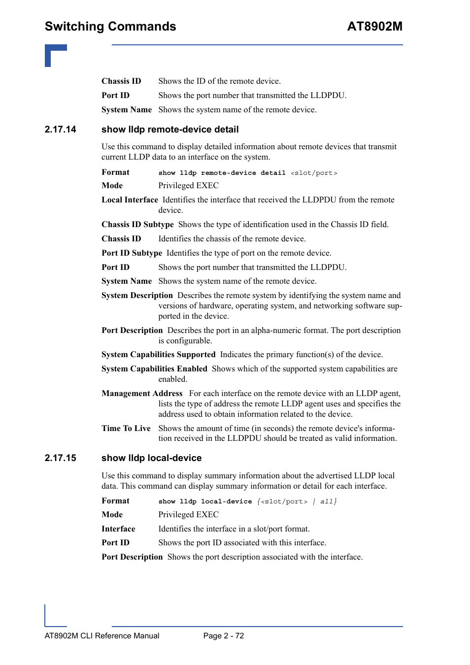 14 show lldp remote-device detail, 15 show lldp local-device, Switching commands at8902m | Kontron AT8902M CLI User Manual | Page 108 / 315