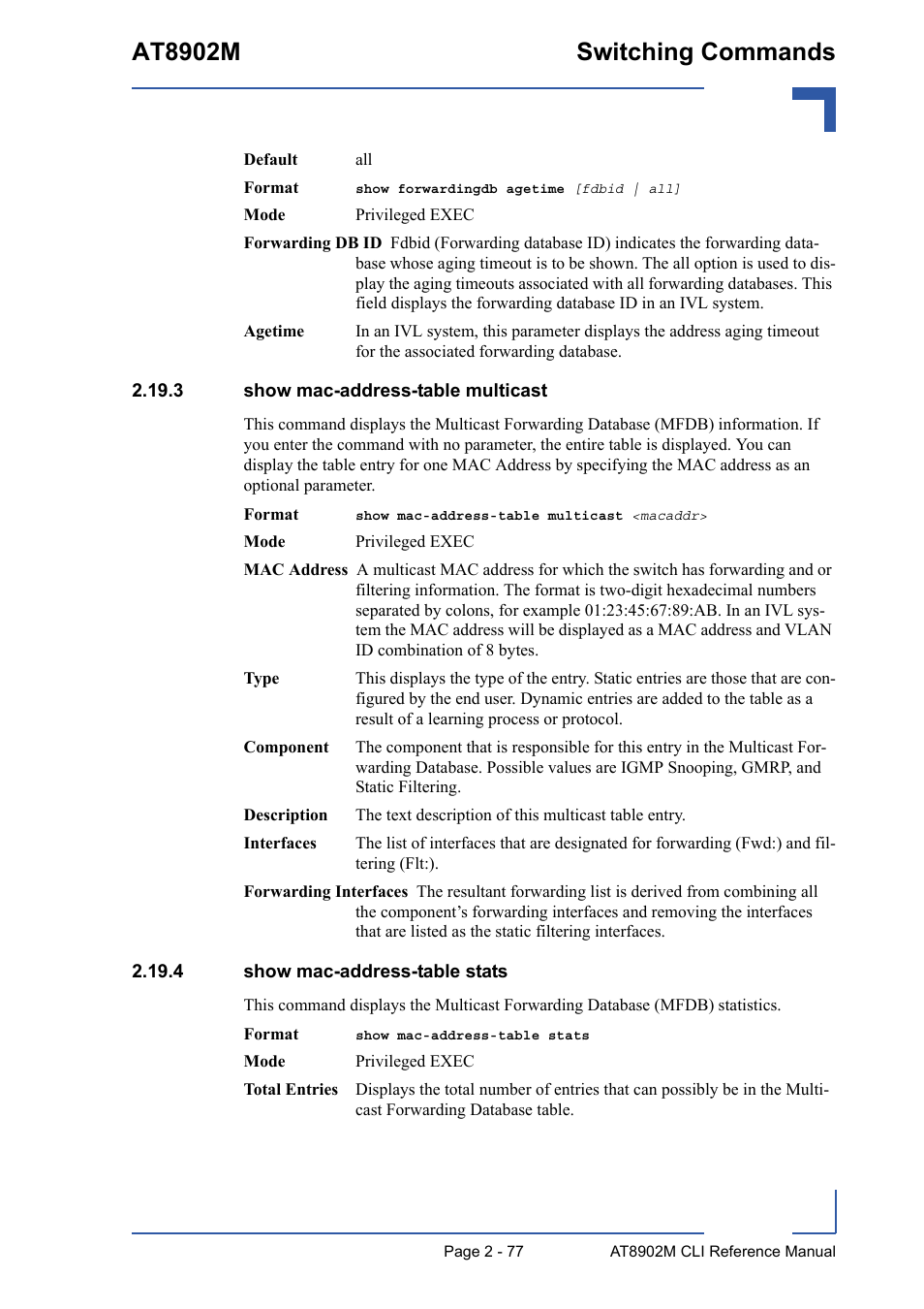 3 show mac-address-table multicast, 4 show mac-address-table stats, At8902m switching commands | Kontron AT8902M CLI User Manual | Page 113 / 315