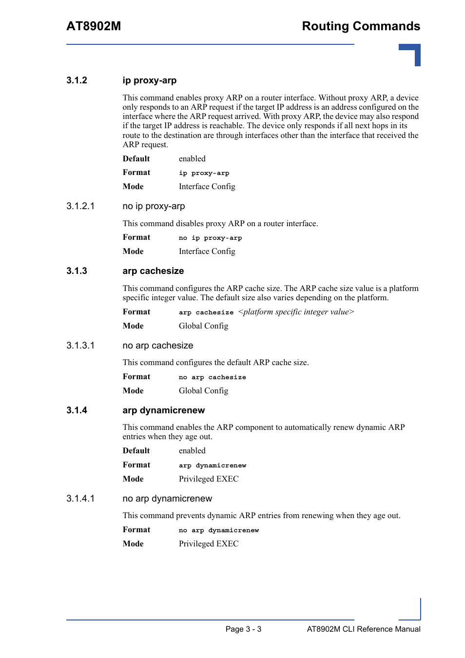 2 ip proxy-arp, 3 arp cachesize, 4 arp dynamicrenew | Ip proxy-arp - 3, Arp cachesize - 3, Arp dynamicrenew - 3, At8902m routing commands | Kontron AT8902M CLI User Manual | Page 117 / 315