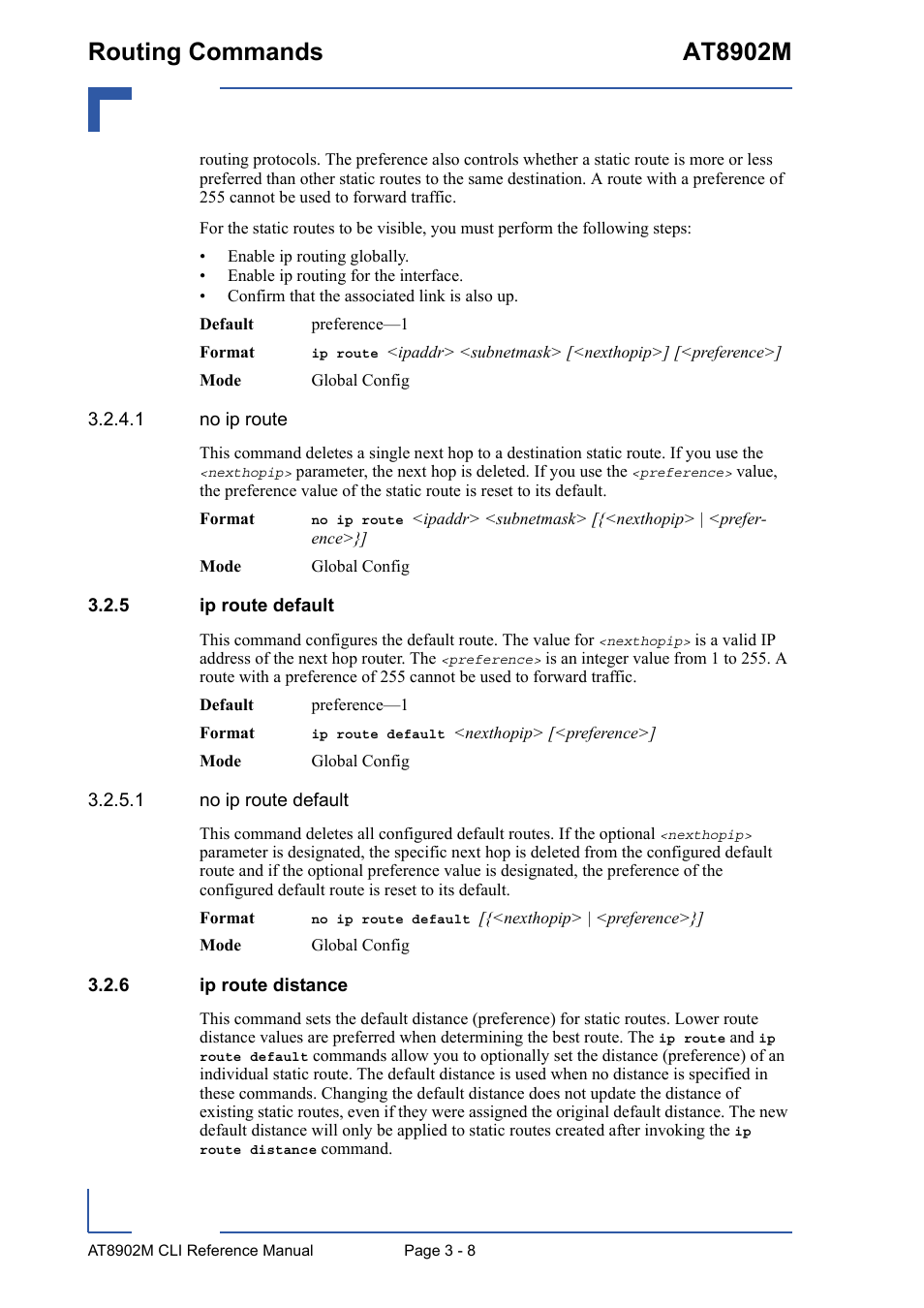 5 ip route default, 6 ip route distance, Ip route default - 8 | Ip route distance - 8, Routing commands at8902m | Kontron AT8902M CLI User Manual | Page 122 / 315