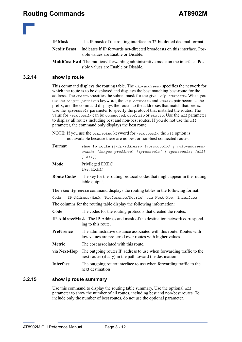 14 show ip route, 15 show ip route summary, Routing commands at8902m | Kontron AT8902M CLI User Manual | Page 126 / 315