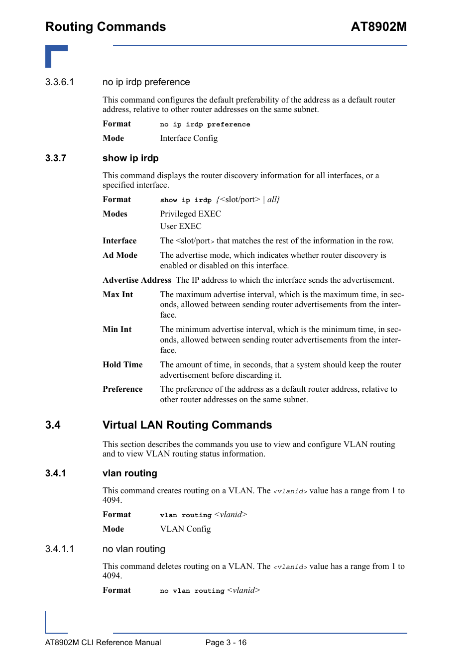 7 show ip irdp, 4 virtual lan routing commands, 1 vlan routing | Show ip irdp - 16, 4 virtual lan routing commands - 16, Vlan routing - 16, Routing commands at8902m | Kontron AT8902M CLI User Manual | Page 130 / 315