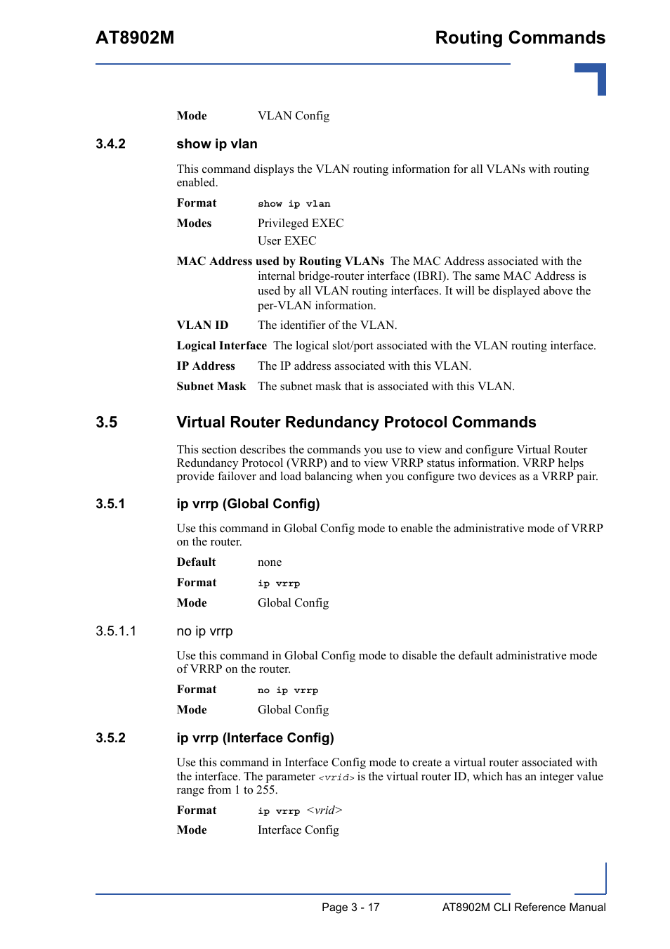 2 show ip vlan, 5 virtual router redundancy protocol commands, 1 ip vrrp (global config) | 2 ip vrrp (interface config), Show ip vlan - 17, 5 virtual router redundancy protocol commands - 17, Ip vrrp (global config) - 17, Ip vrrp (interface config) - 17, At8902m routing commands | Kontron AT8902M CLI User Manual | Page 131 / 315