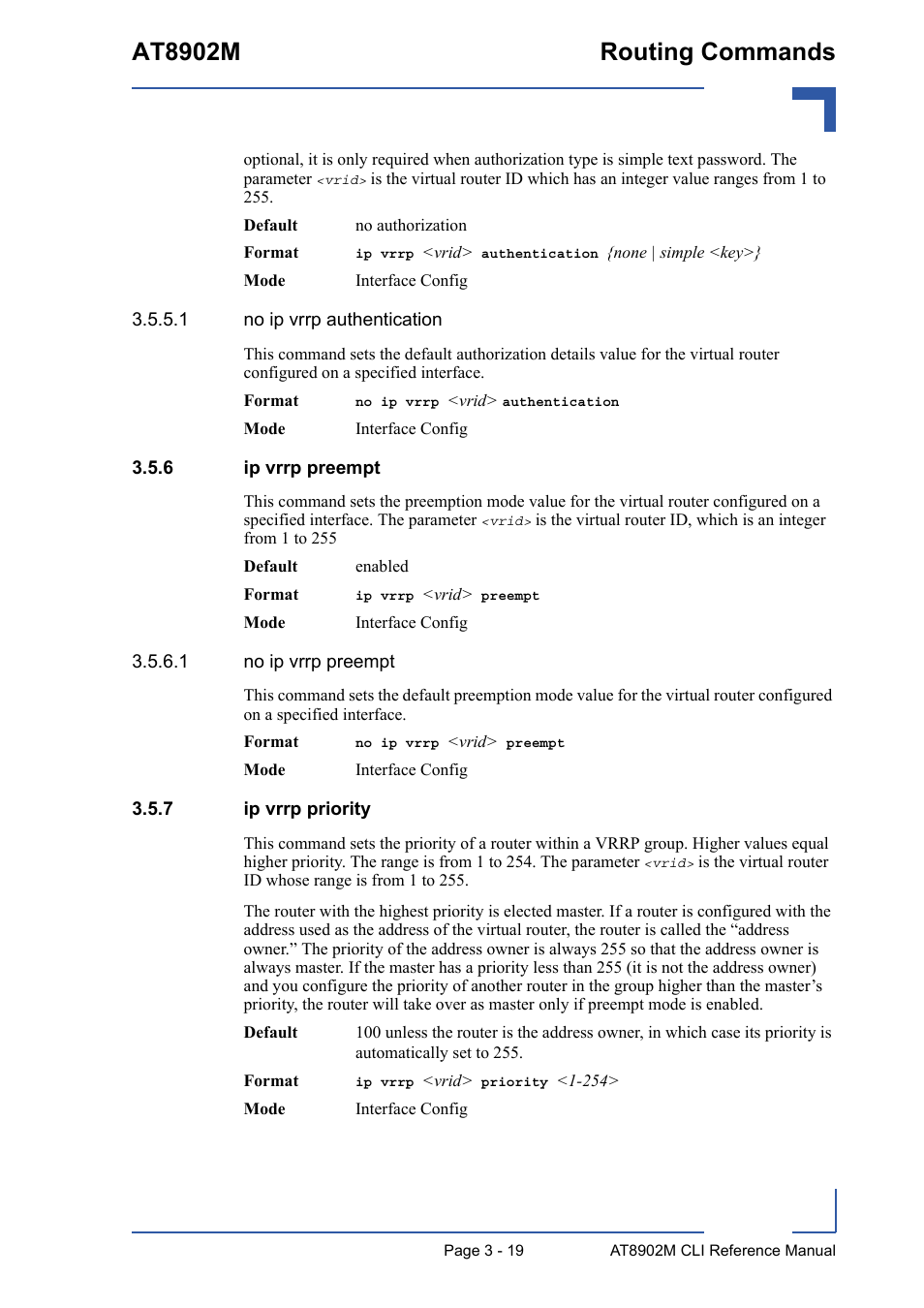 6 ip vrrp preempt, 7 ip vrrp priority, Ip vrrp preempt - 19 | Ip vrrp priority - 19, At8902m routing commands | Kontron AT8902M CLI User Manual | Page 133 / 315
