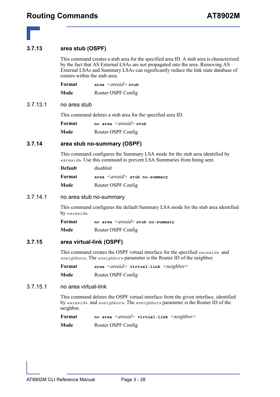 13 area stub (ospf), 14 area stub no-summary (ospf), 15 area virtual-link (ospf) | Routing commands at8902m | Kontron AT8902M CLI User Manual | Page 142 / 315