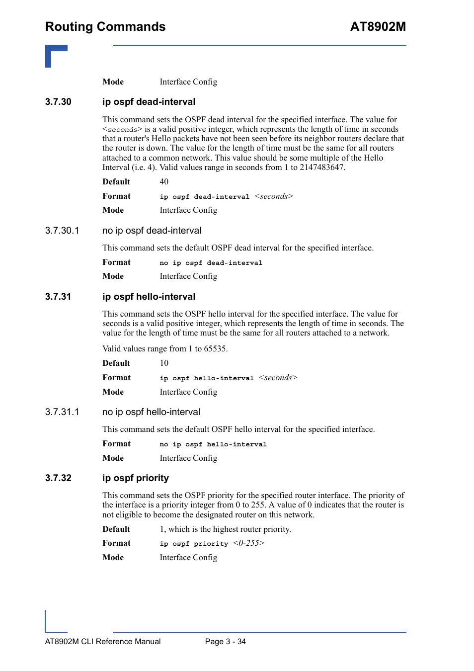 30 ip ospf dead-interval, 31 ip ospf hello-interval, 32 ip ospf priority | Routing commands at8902m | Kontron AT8902M CLI User Manual | Page 148 / 315
