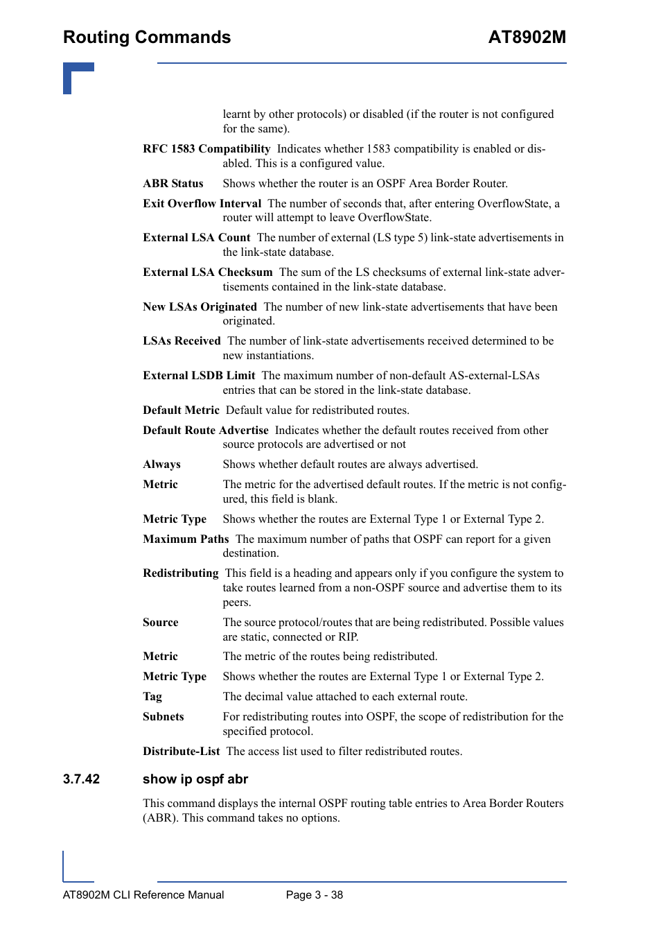 42 show ip ospf abr, 42 show ip ospf abr - 38, Routing commands at8902m | Kontron AT8902M CLI User Manual | Page 152 / 315