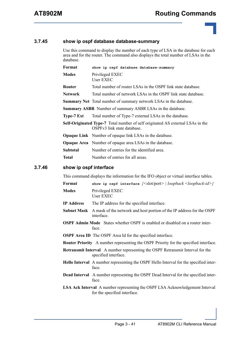 45 show ip ospf database database-summary, 46 show ip ospf interface, At8902m routing commands | Kontron AT8902M CLI User Manual | Page 155 / 315