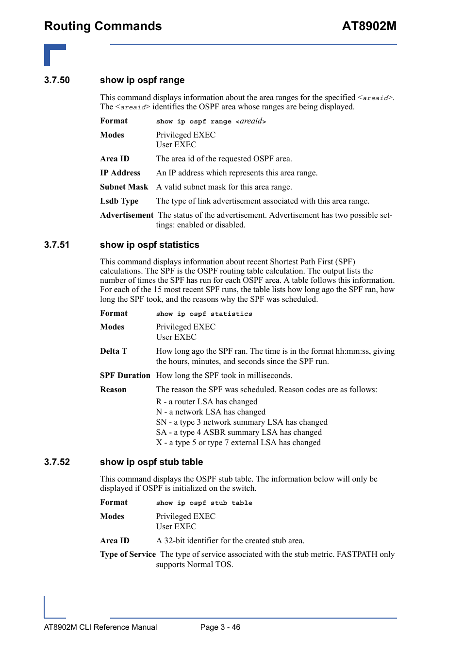 50 show ip ospf range, 51 show ip ospf statistics, 52 show ip ospf stub table | Routing commands at8902m | Kontron AT8902M CLI User Manual | Page 160 / 315