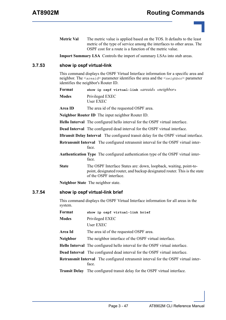 53 show ip ospf virtual-link, 54 show ip ospf virtual-link brief, At8902m routing commands | Kontron AT8902M CLI User Manual | Page 161 / 315