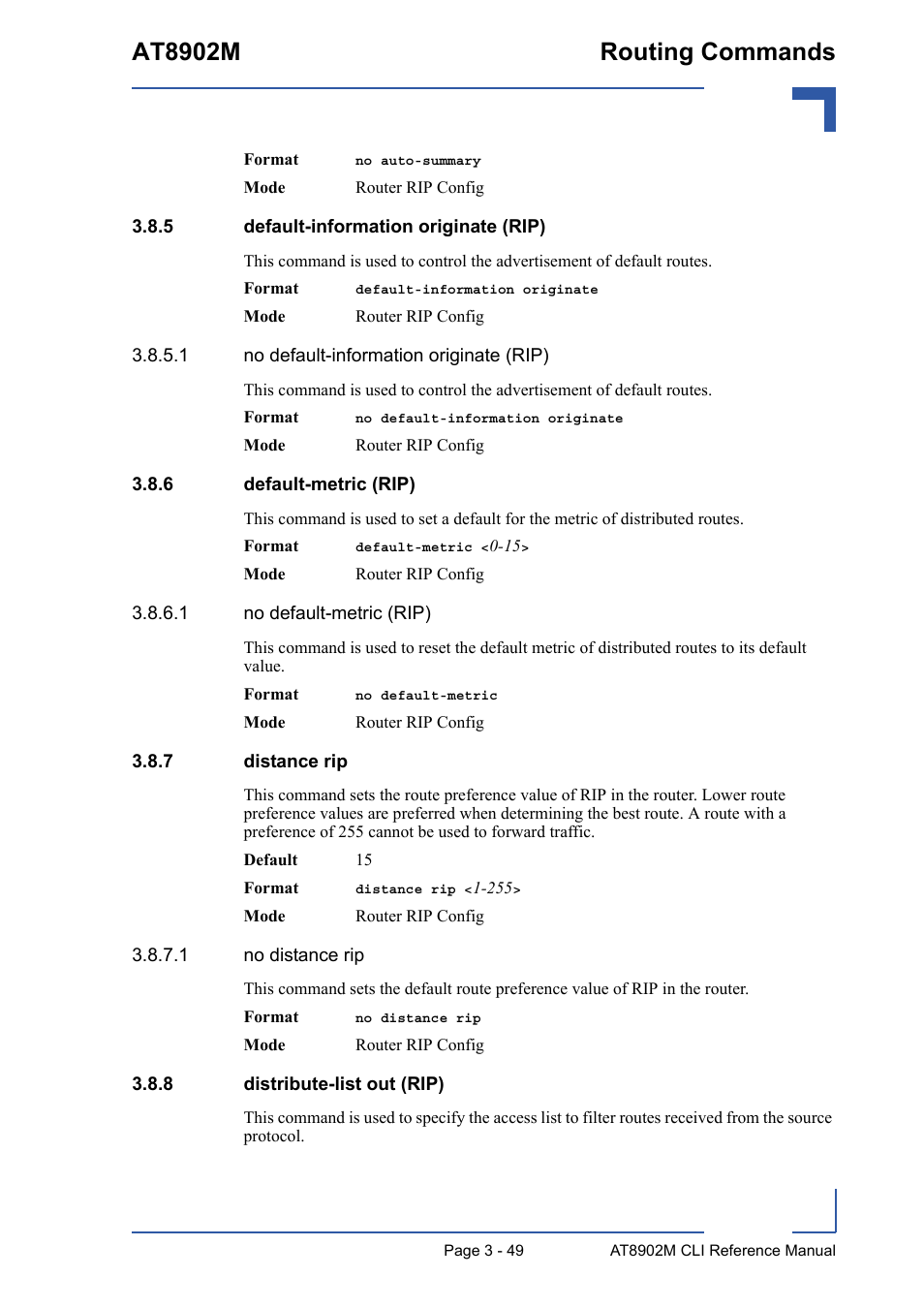 5 default-information originate (rip), 6 default-metric (rip), 7 distance rip | 8 distribute-list out (rip), Default-information originate (rip) - 49, Default-metric (rip) - 49, Distance rip - 49, Distribute-list out (rip) - 49, At8902m routing commands | Kontron AT8902M CLI User Manual | Page 163 / 315
