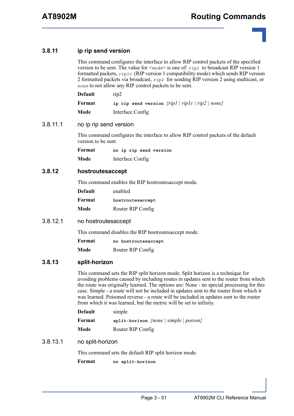 11 ip rip send version, 12 hostroutesaccept, 13 split-horizon | At8902m routing commands | Kontron AT8902M CLI User Manual | Page 165 / 315