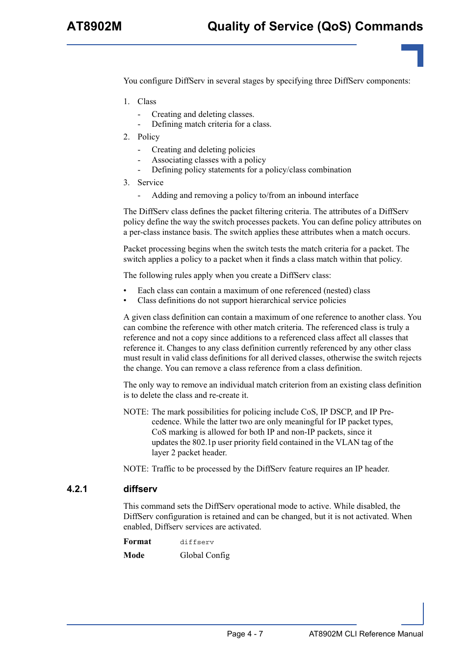 1 diffserv, Diffserv - 7, At8902m quality of service (qos) commands | Kontron AT8902M CLI User Manual | Page 175 / 315