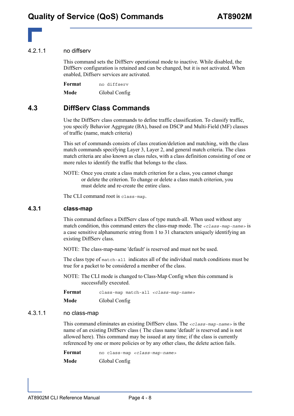 3 diffserv class commands, 1 class-map, 3 diffserv class commands - 8 | Class-map - 8, Quality of service (qos) commands at8902m | Kontron AT8902M CLI User Manual | Page 176 / 315