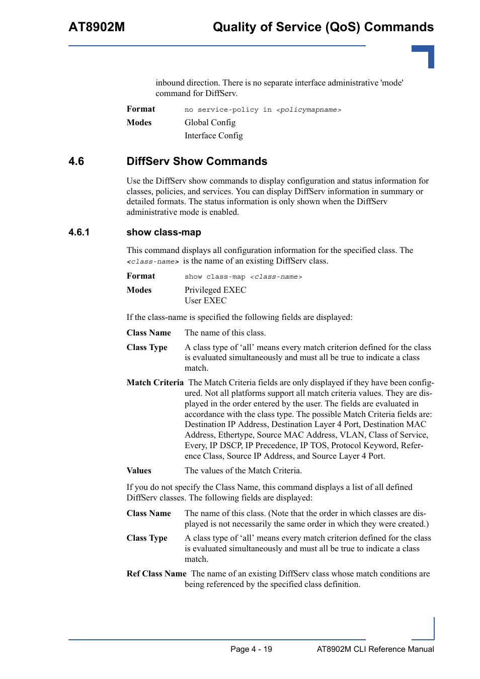 6 diffserv show commands, 1 show class-map, 6 diffserv show commands - 19 | Show class-map - 19, At8902m quality of service (qos) commands | Kontron AT8902M CLI User Manual | Page 187 / 315