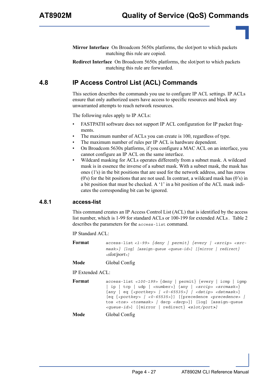 8 ip access control list (acl) commands, 1 access-list, 8 ip access control list (acl) commands - 27 | Access-list - 27, At8902m quality of service (qos) commands | Kontron AT8902M CLI User Manual | Page 195 / 315