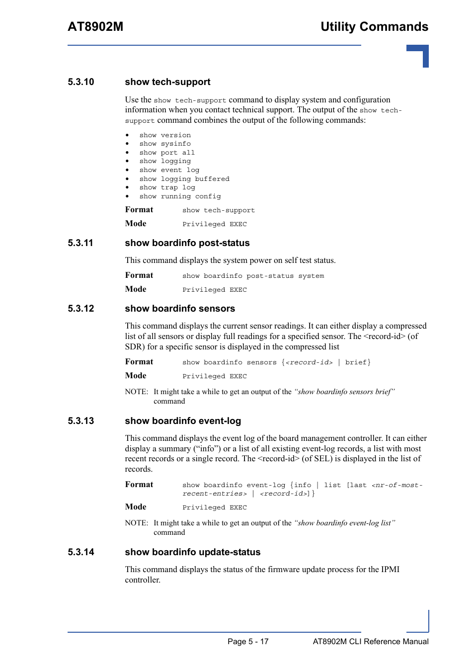 10 show tech-support, 11 show boardinfo post-status, 12 show boardinfo sensors | 13 show boardinfo event-log, 14 show boardinfo update-status, At8902m utility commands | Kontron AT8902M CLI User Manual | Page 217 / 315