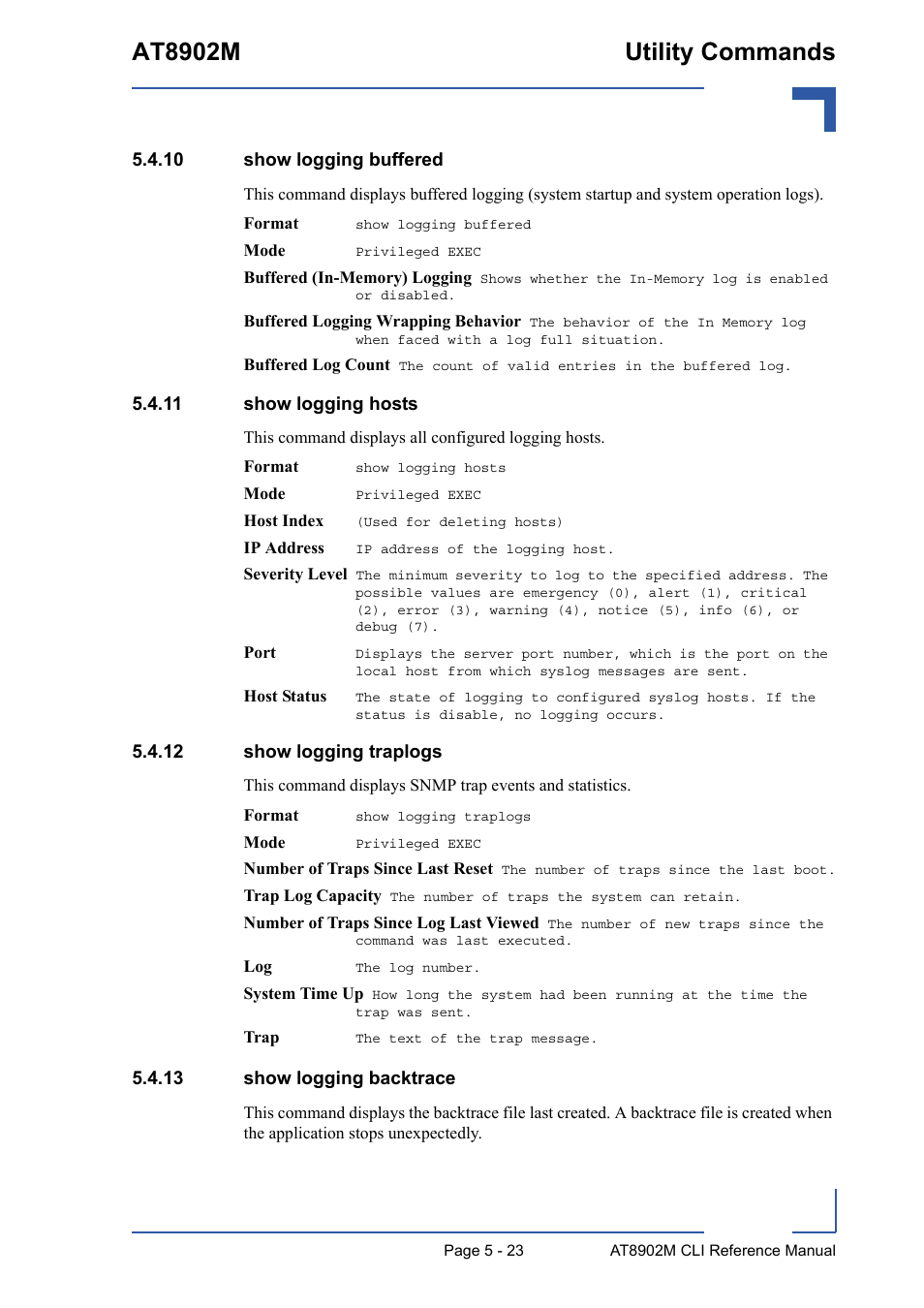 10 show logging buffered, 11 show logging hosts, 12 show logging traplogs | 13 show logging backtrace, At8902m utility commands | Kontron AT8902M CLI User Manual | Page 223 / 315