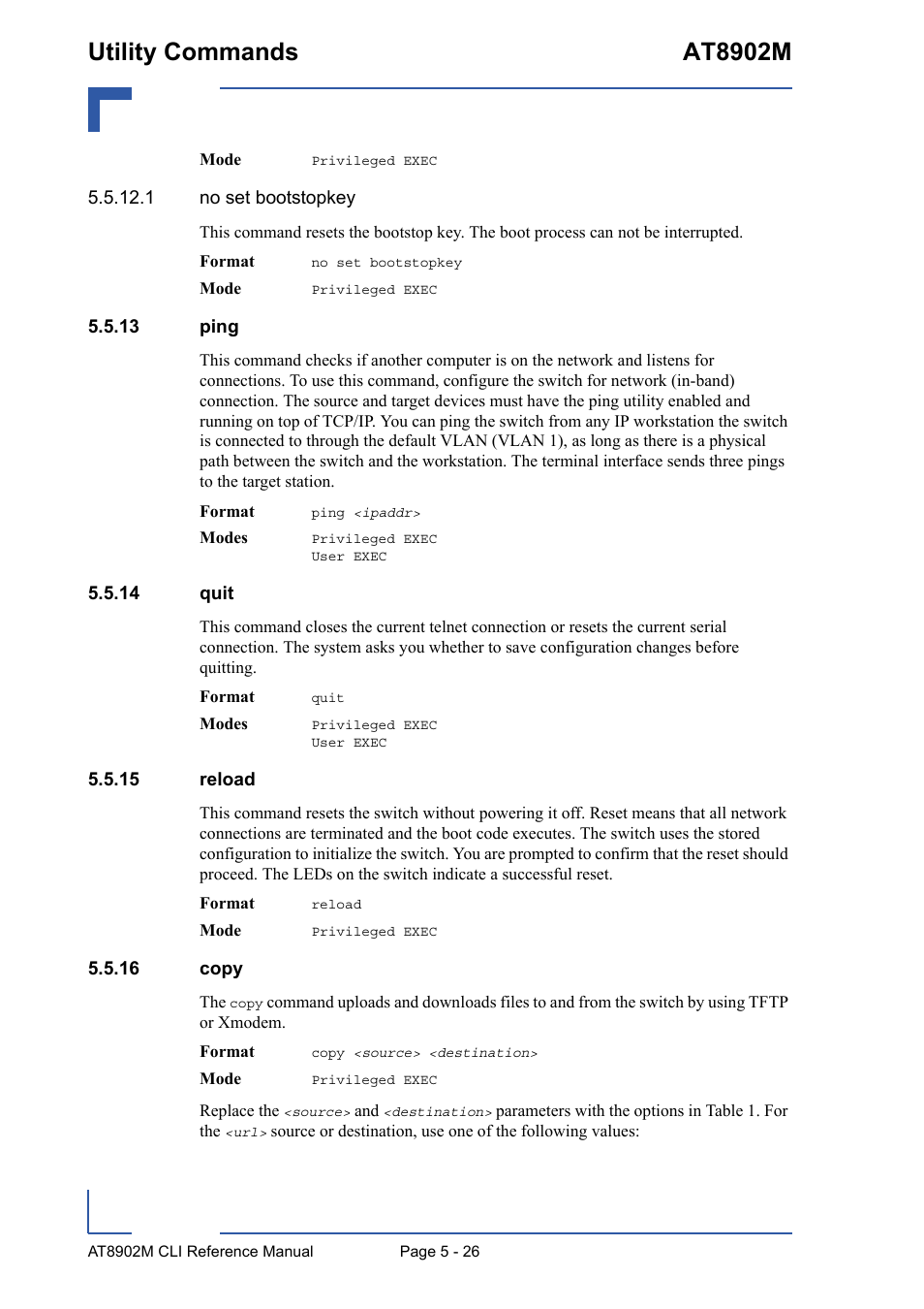 13 ping, 14 quit, 15 reload | 16 copy, Utility commands at8902m | Kontron AT8902M CLI User Manual | Page 226 / 315
