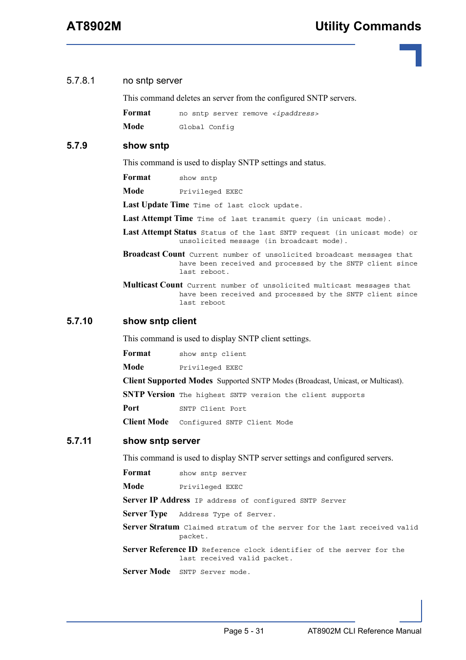 9 show sntp, 10 show sntp client, 11 show sntp server | Show sntp - 31, At8902m utility commands | Kontron AT8902M CLI User Manual | Page 231 / 315