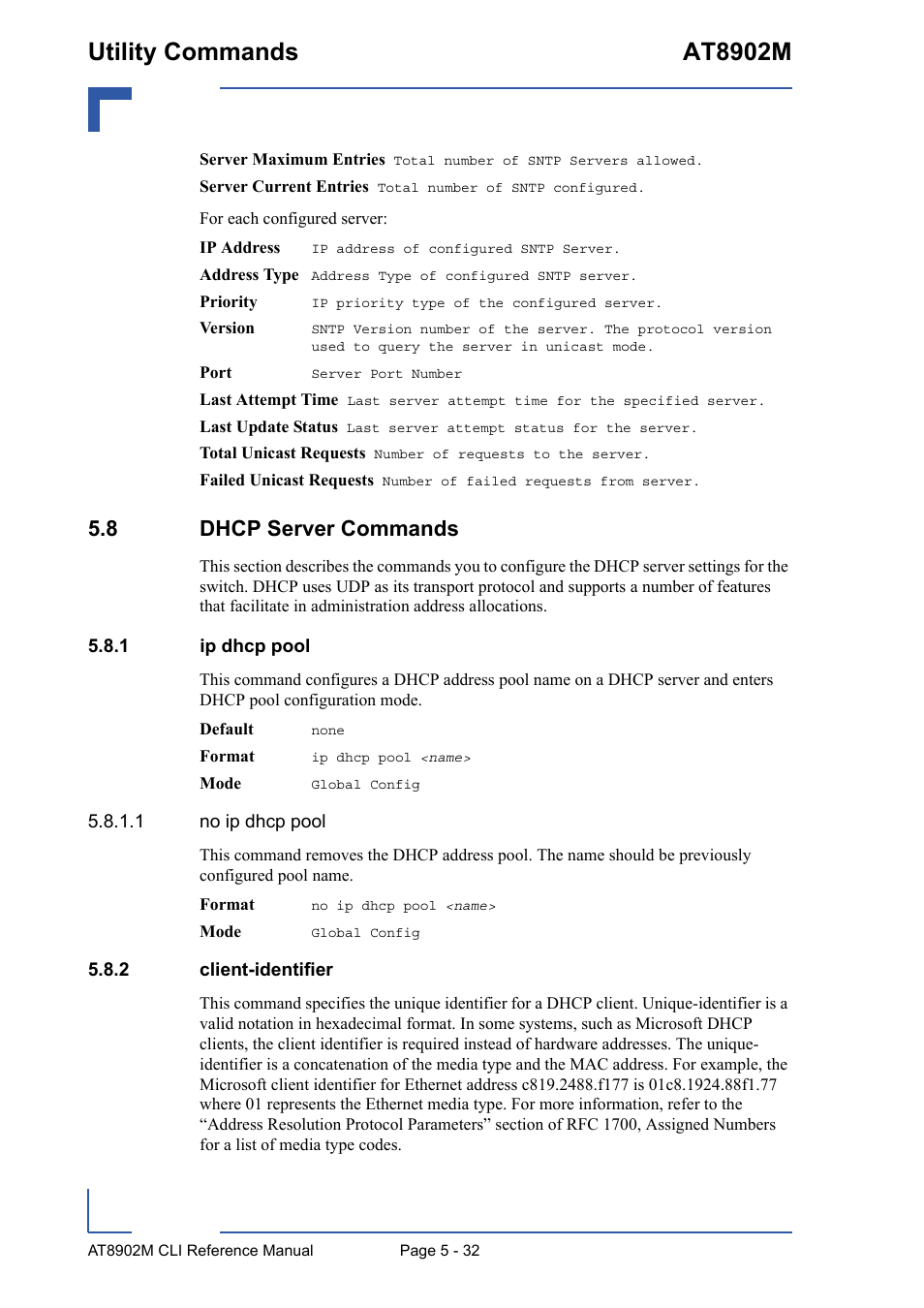 8 dhcp server commands, 1 ip dhcp pool, 2 client-identifier | 8 dhcp server commands - 32, Ip dhcp pool - 32, Client-identifier - 32, Utility commands at8902m | Kontron AT8902M CLI User Manual | Page 232 / 315