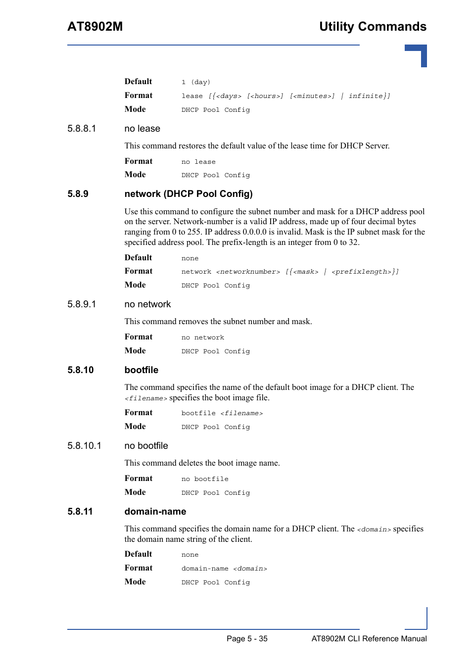 9 network (dhcp pool config), 10 bootfile, 11 domain-name | Network (dhcp pool config) - 35, 10 bootfile - 35 5.8.11 domain-name - 35, At8902m utility commands | Kontron AT8902M CLI User Manual | Page 235 / 315