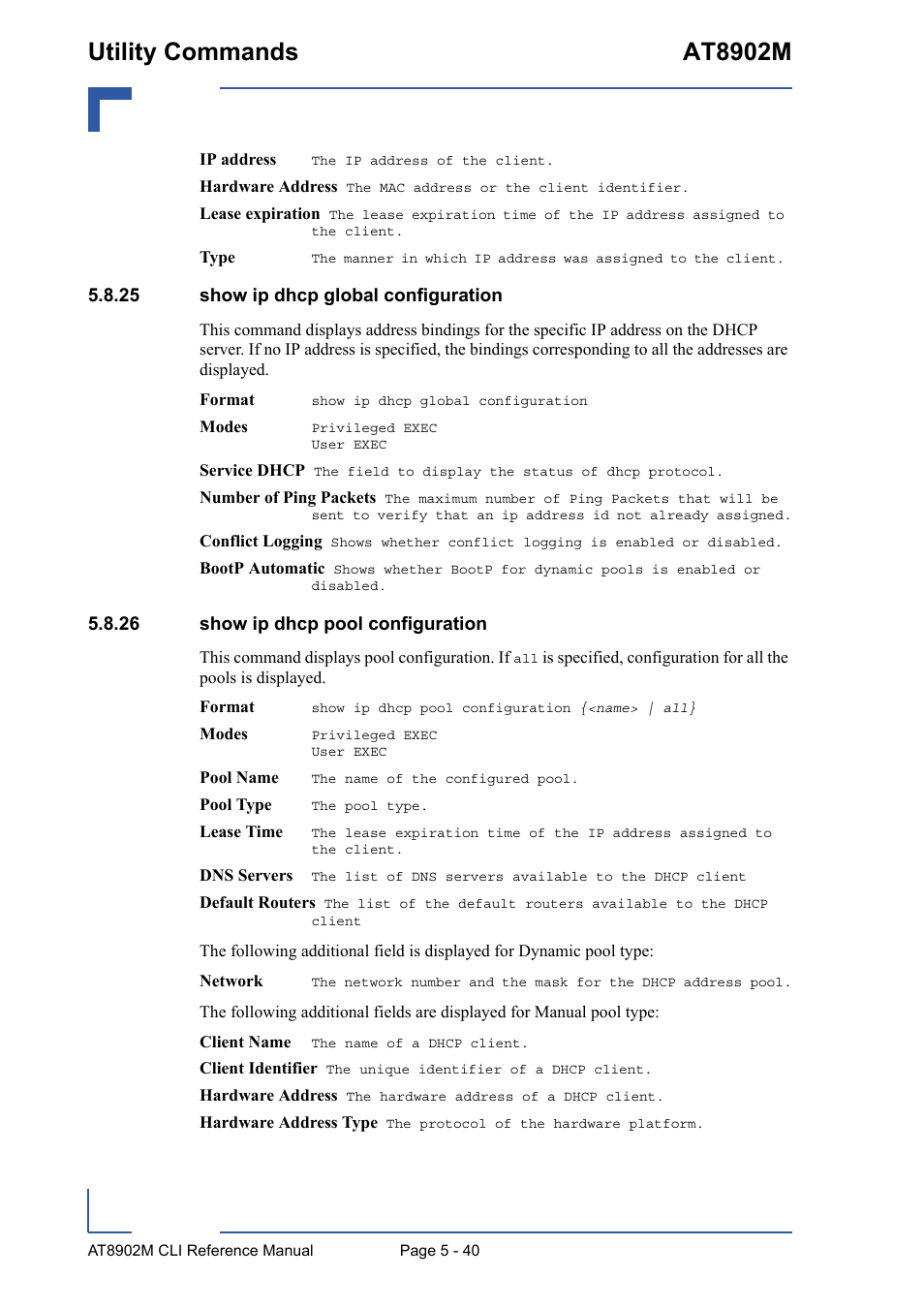 25 show ip dhcp global configuration, 26 show ip dhcp pool configuration, Utility commands at8902m | Kontron AT8902M CLI User Manual | Page 240 / 315