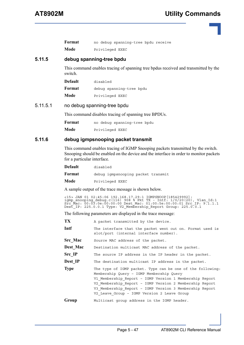 5 debug spanning-tree bpdu, 6 debug igmpsnooping packet transmit, At8902m utility commands | Kontron AT8902M CLI User Manual | Page 247 / 315