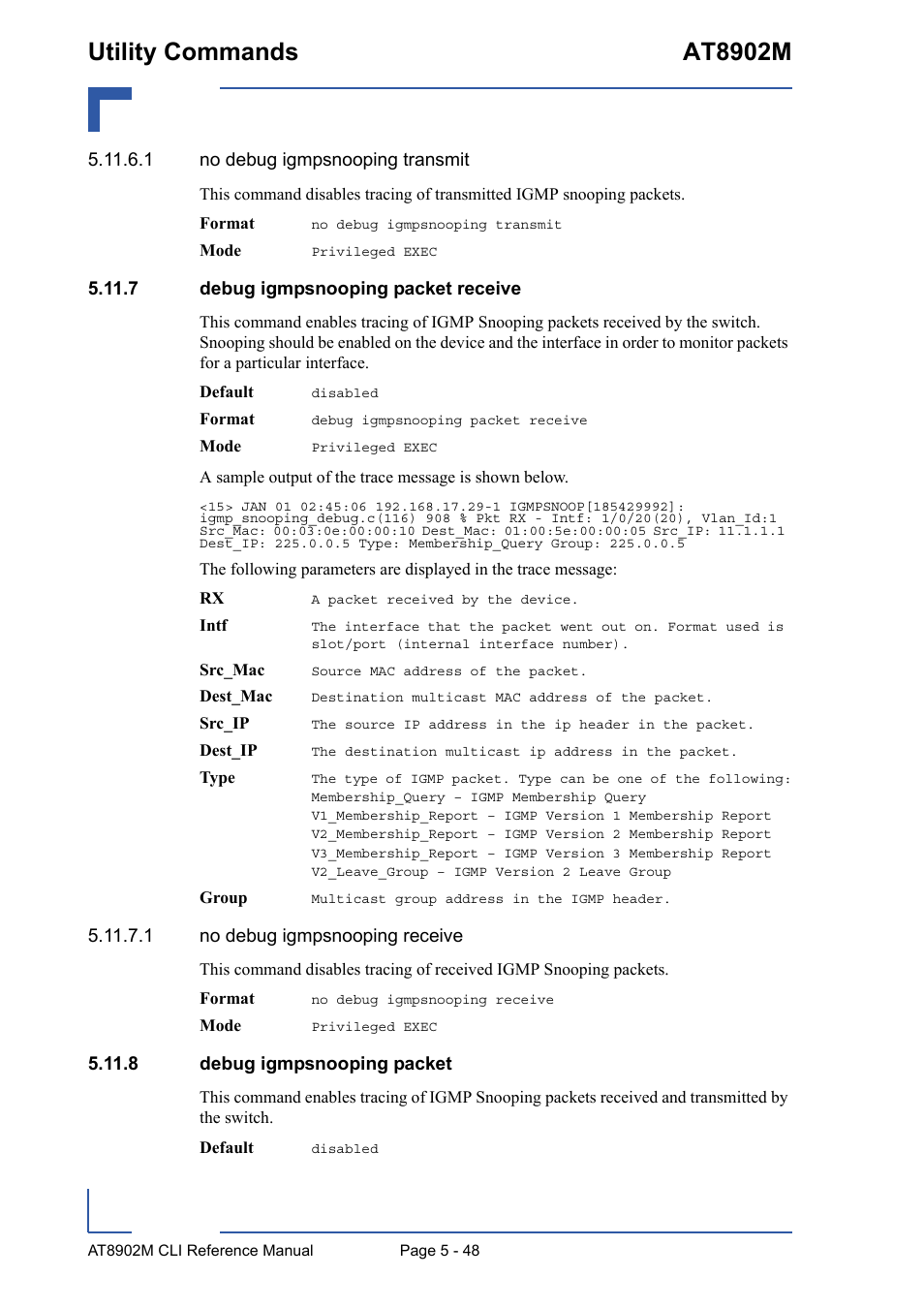 7 debug igmpsnooping packet receive, 8 debug igmpsnooping packet, Utility commands at8902m | Kontron AT8902M CLI User Manual | Page 248 / 315
