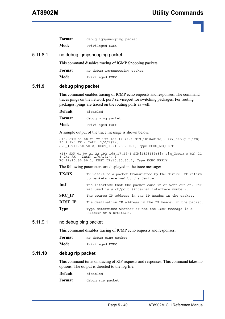 9 debug ping packet, 10 debug rip packet, At8902m utility commands | Kontron AT8902M CLI User Manual | Page 249 / 315