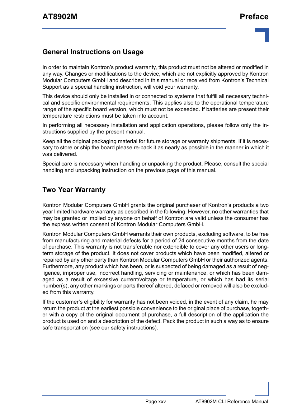 General instructions on usage, Two year warranty, At8902m preface | Kontron AT8902M CLI User Manual | Page 25 / 315