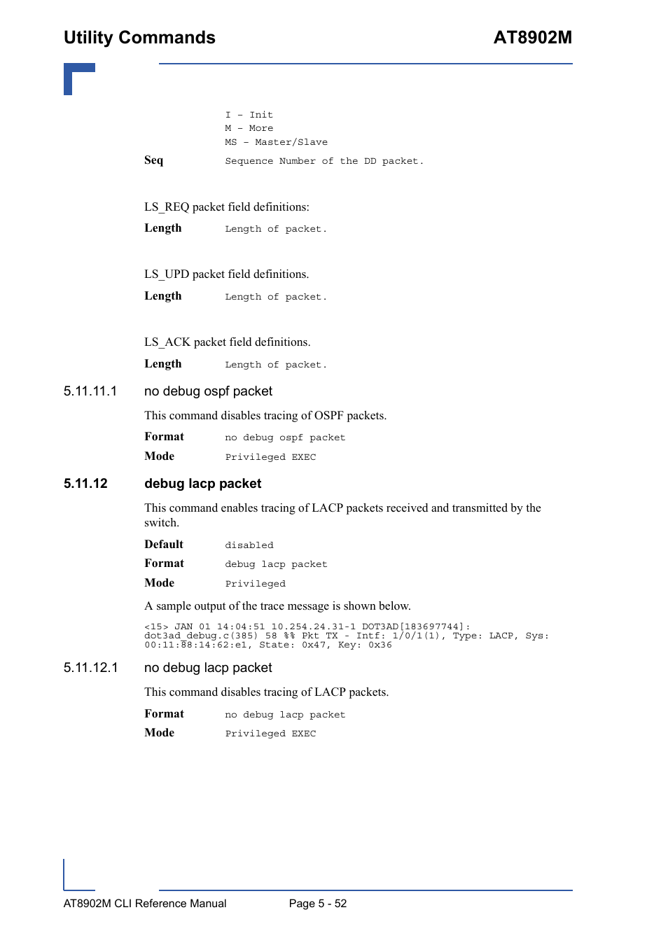 12 debug lacp packet, 12 debug lacp packet - 52, Utility commands at8902m | Kontron AT8902M CLI User Manual | Page 252 / 315