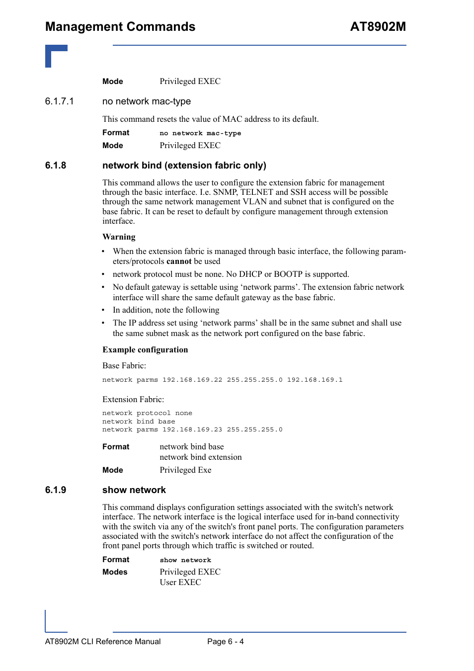 8 network bind (extension fabric only), 9 show network, Network bind (extension fabric only) - 4 | Show network - 4, Management commands at8902m | Kontron AT8902M CLI User Manual | Page 256 / 315