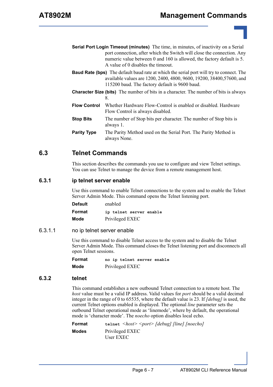 3 telnet commands, 1 ip telnet server enable, 2 telnet | 3 telnet commands - 7, Ip telnet server enable - 7, Telnet - 7, At8902m management commands | Kontron AT8902M CLI User Manual | Page 259 / 315