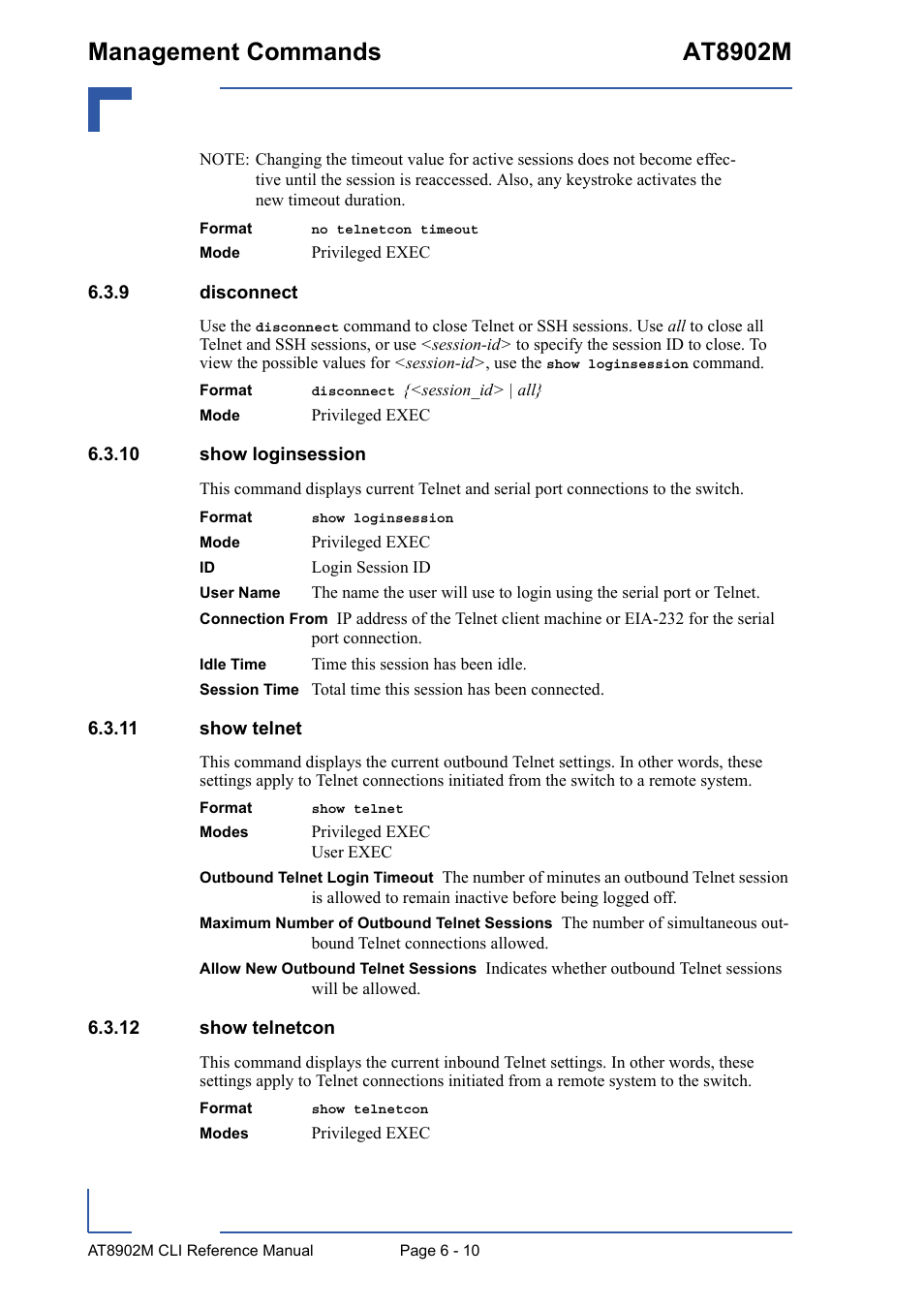 9 disconnect, 10 show loginsession, 11 show telnet | 12 show telnetcon, Disconnect - 10, Management commands at8902m | Kontron AT8902M CLI User Manual | Page 262 / 315