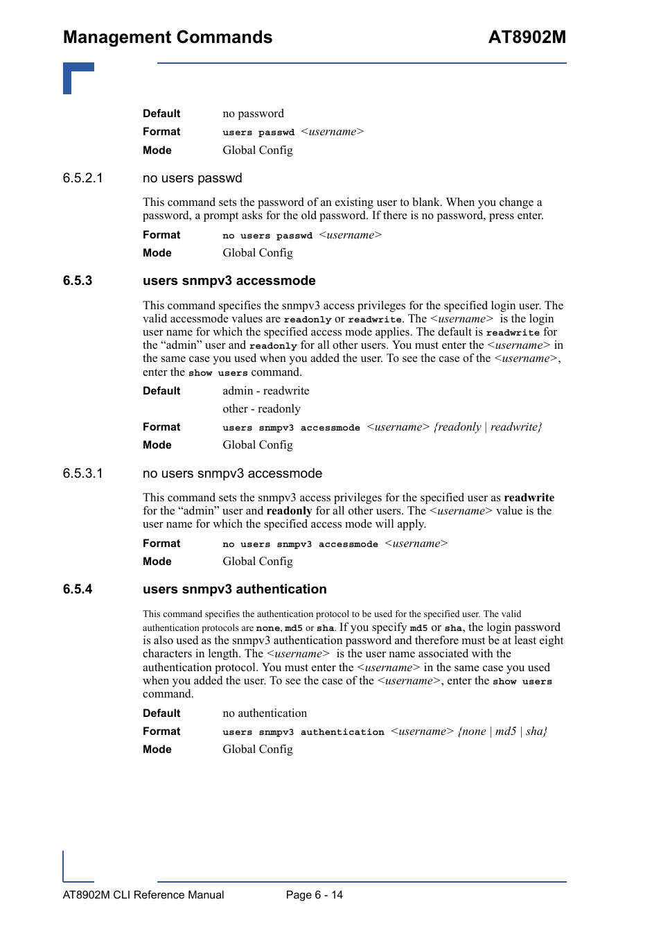 3 users snmpv3 accessmode, 4 users snmpv3 authentication, Users snmpv3 accessmode - 14 | Users snmpv3 authentication - 14, Management commands at8902m | Kontron AT8902M CLI User Manual | Page 266 / 315