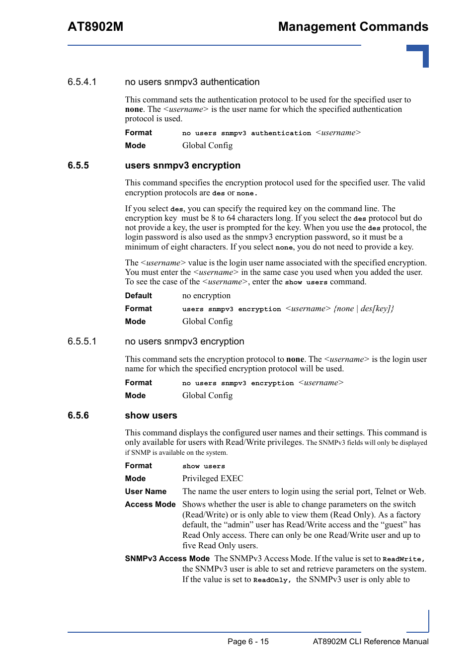 5 users snmpv3 encryption, 6 show users, Users snmpv3 encryption - 15 | Show users - 15, At8902m management commands | Kontron AT8902M CLI User Manual | Page 267 / 315