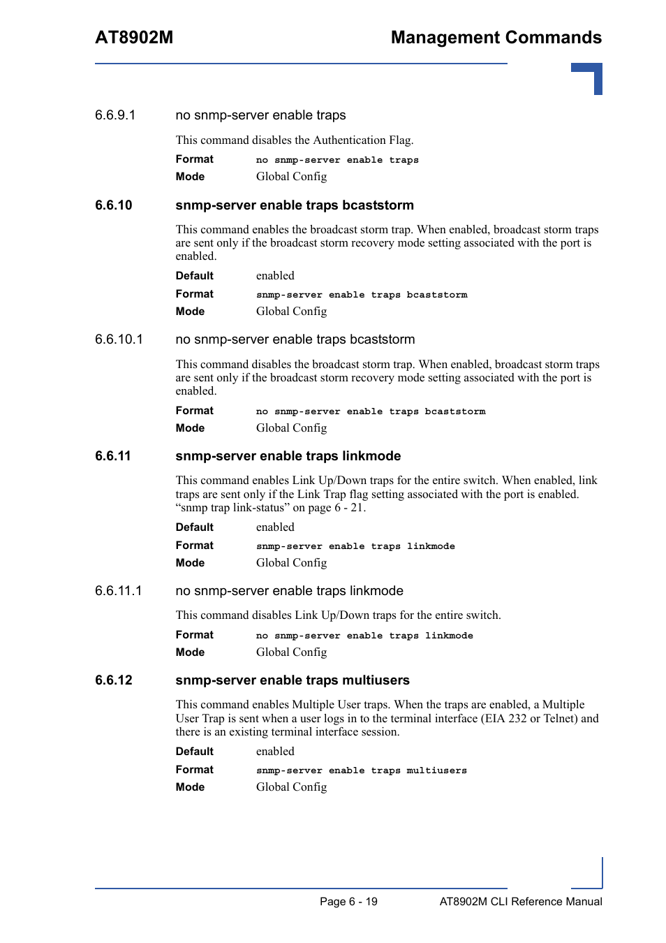 10 snmp-server enable traps bcaststorm, 11 snmp-server enable traps linkmode, 12 snmp-server enable traps multiusers | At8902m management commands | Kontron AT8902M CLI User Manual | Page 271 / 315