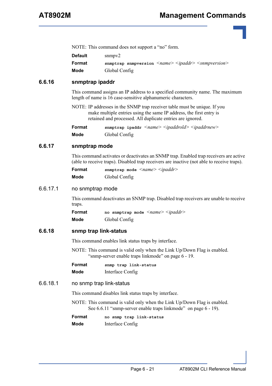 16 snmptrap ipaddr, 17 snmptrap mode, 18 snmp trap link-status | At8902m management commands | Kontron AT8902M CLI User Manual | Page 273 / 315