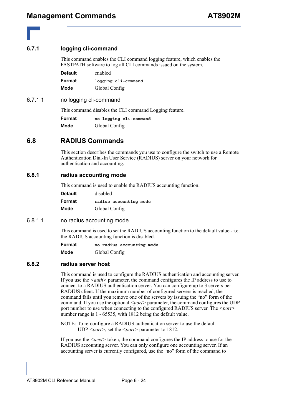 1 logging cli-command, 8 radius commands, 1 radius accounting mode | 2 radius server host, Logging cli-command - 24, 8 radius commands - 24, Radius accounting mode - 24, Radius server host - 24, Management commands at8902m | Kontron AT8902M CLI User Manual | Page 276 / 315