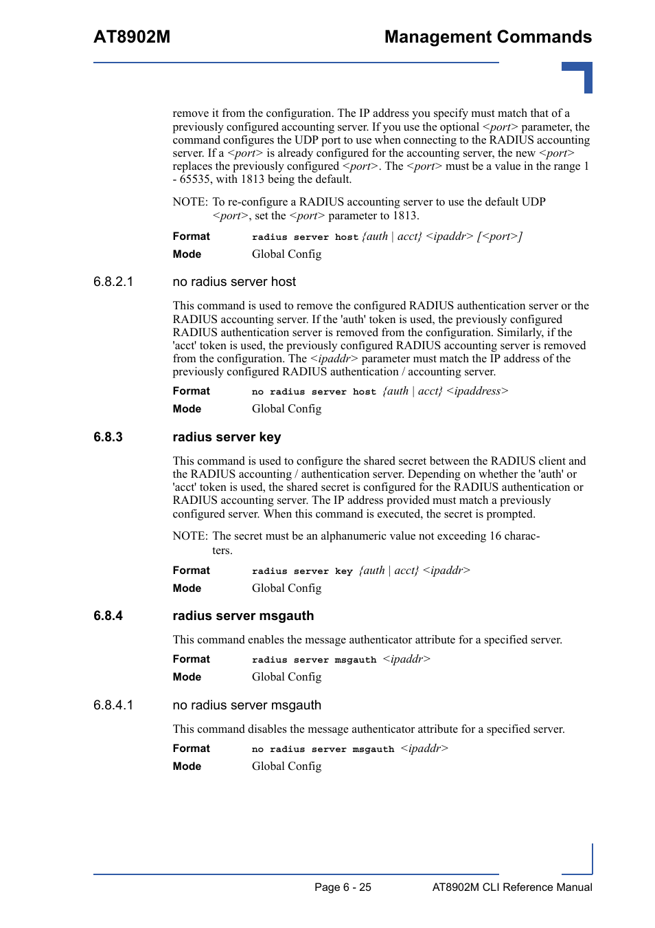 3 radius server key, 4 radius server msgauth, Radius server key - 25 | Radius server msgauth - 25, At8902m management commands | Kontron AT8902M CLI User Manual | Page 277 / 315