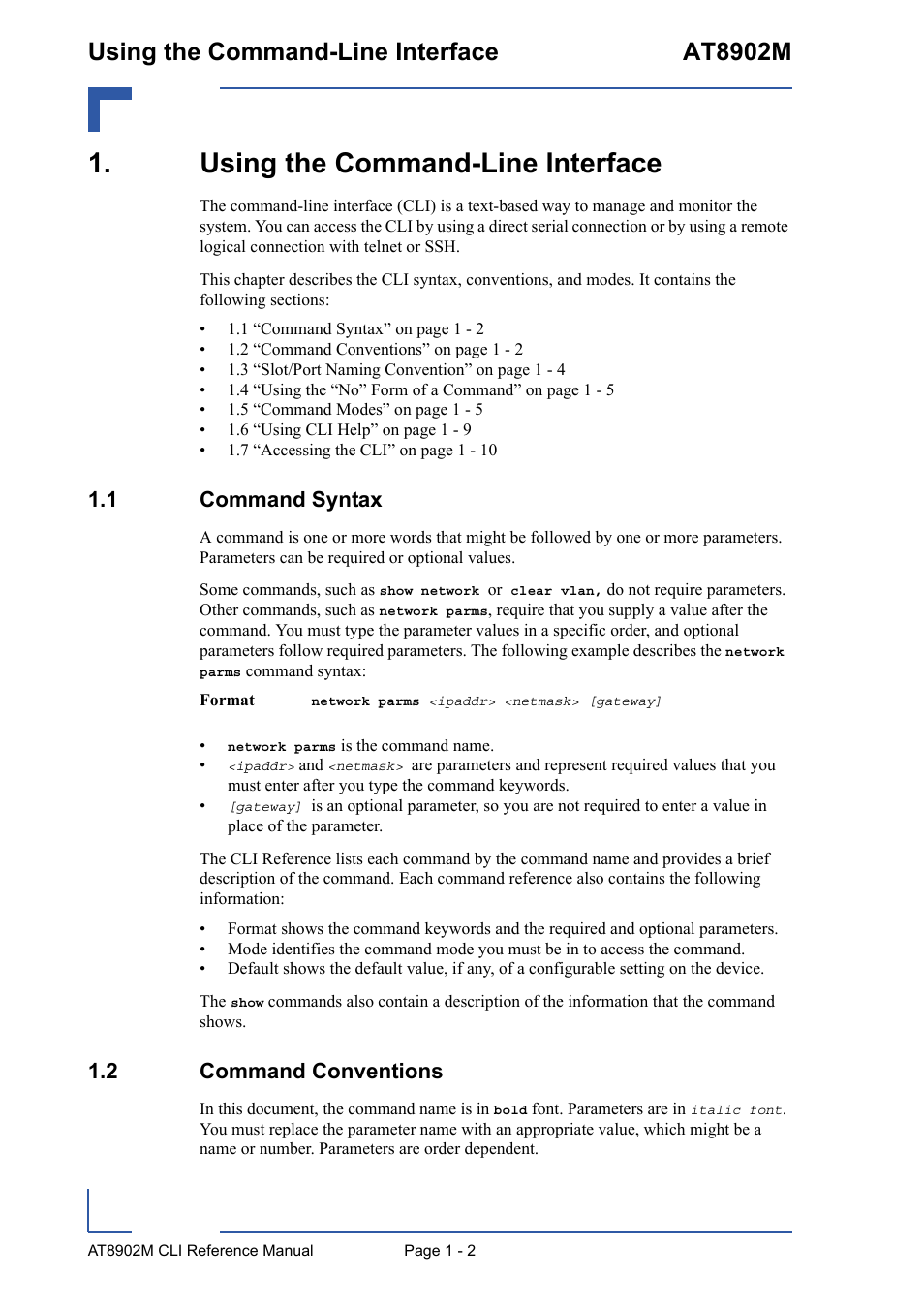 Using the command-line interface, 1 command syntax, 2 command conventions | Using the command-line interface - 2, 1 command syntax - 2 1.2 command conventions - 2, Using the command-line interface at8902m | Kontron AT8902M CLI User Manual | Page 28 / 315